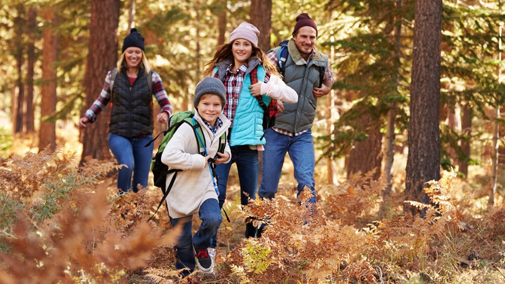 Perhe (isä, äiti ja kaksi lasta) vaeltaa metsässä.